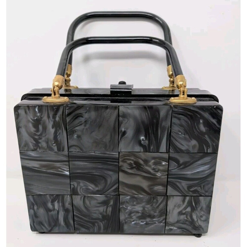 Vintage StyleCraft Handbag Purse Black Pearlized Marbled Lucite Vanity 60s As Is